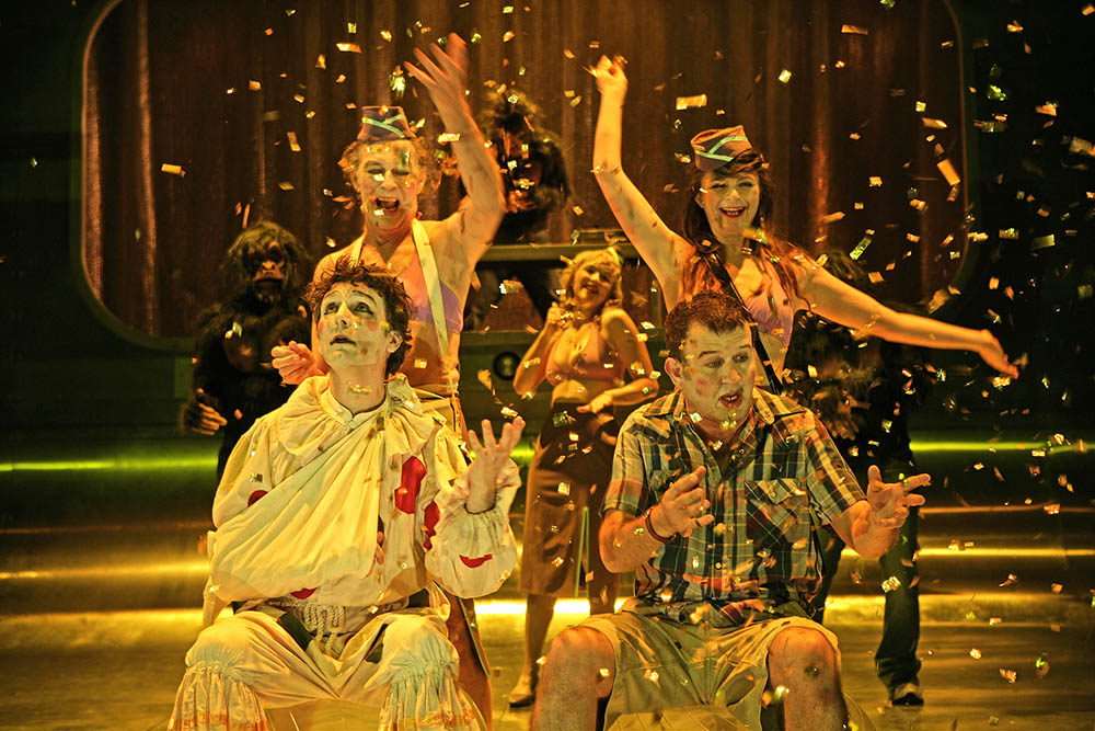 Production still for "Optimism". L-R: Frank Woodley, Barry Otto, Caroline Craig, Francis Greenslade, Amber McMahon. Photographer: Jeff Busby