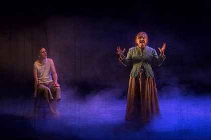 Production still for "The Real and Imagined History of the Elephant Man". L-R: Daniel Monks, Julie Forsyth. Photographer: Pia Johnson