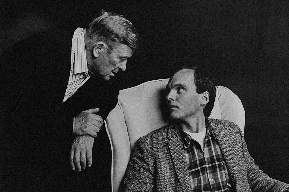 Production still for "Hate". L-R: Desmond Kelly as John, David Slingsby as Michael. Photographer: Jeff Busby