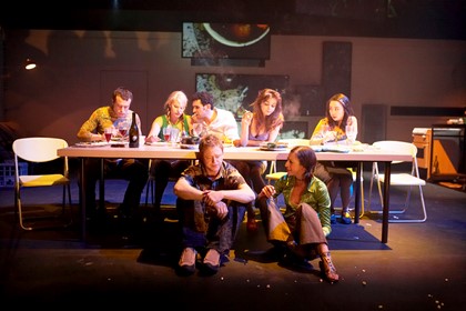 Production still for "Criminology". L-R: (rear) Chris Ryan, Samantha Tolj, Hazem Shammas, Bojana Novakovic, Jing-Xuan Chan; (front) Simon Maiden, Gemma Cavoli. Photographer: Ross Bird