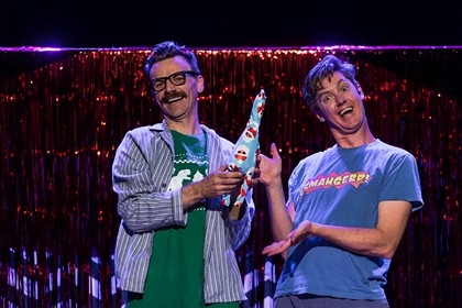 Production still for "The Listies Ruin Christmas". L-R: Richard Higgins, Matt Kelly. Photographer: Pia Johnson