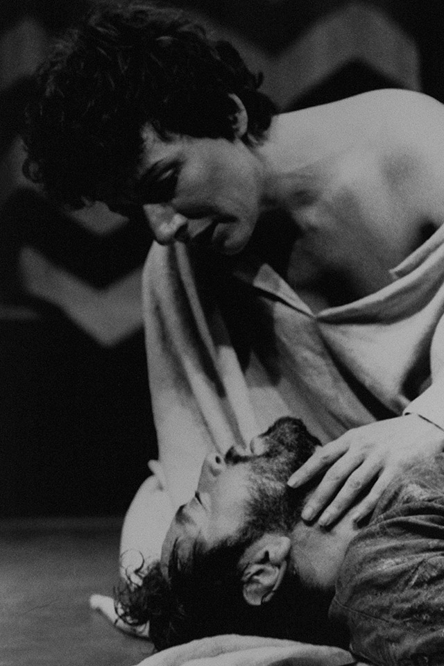 Production still for "Antony and Cleopatra". Frank Gallacher as Antony, Lindy Davies as Cleopatra. Photographer: Vikki Driscoll