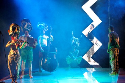 Production still for "Woyzeck". L-R: Xani Kolac, Simon Burke, Dan Witton, Tim Rogers, Marco Chiappi, Socratis Otto. Photographer: Jeff Busby