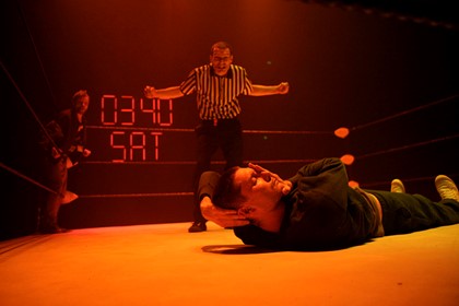 Production still for "Headlock". L-R: Gerard van Dyck, Luke Hockley, Byron Perry. Photographer: Jeff Busby