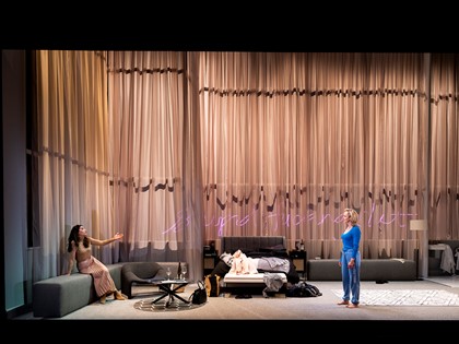 Production still for the 2022 Season of 'Anna K'. L-R: Louisa Mignone, Caroline Craig. Photographer: Pia Johnson
