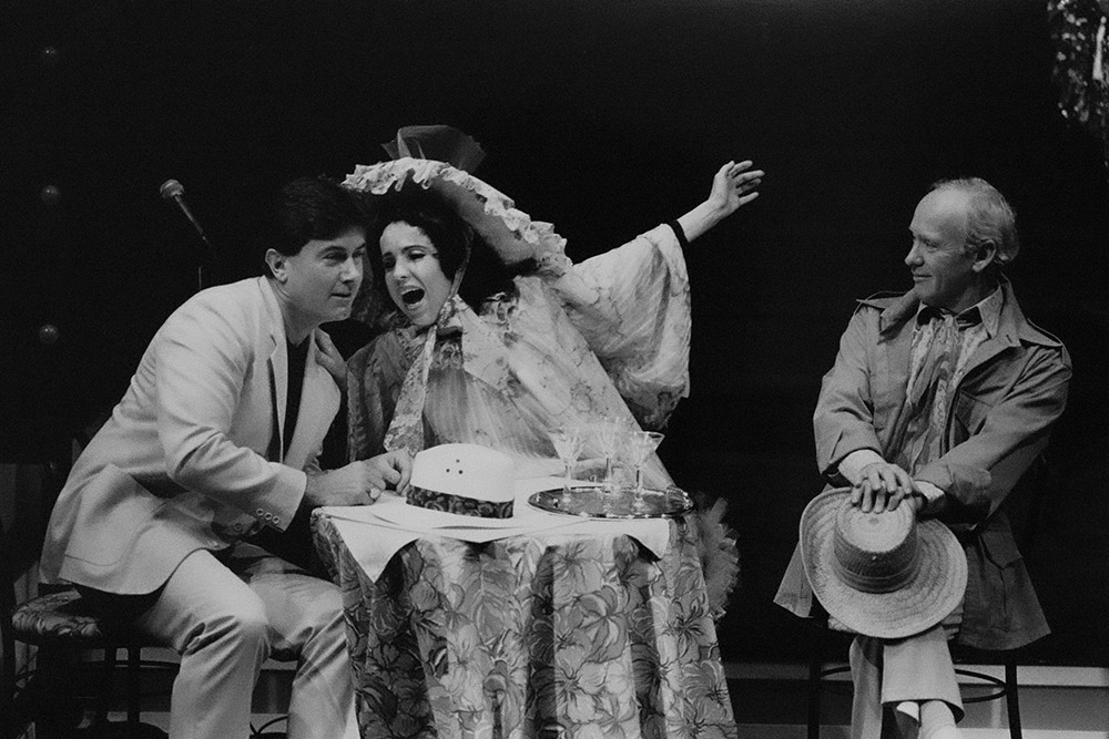 Production still for "Mary Lives!" L-R: Bartholomew John, Mary Hardy, Ron Challinor. Photographer: Jeff Busby