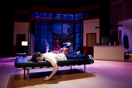 Production still for the 2023 season of 'This is Living.' In photo: Maria Theodorakis, Marcus Mckenzie, Wil King, Michelle Perera, and Belinda McClory. Photographer: Kristin Gehradte 