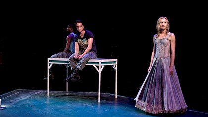 Production still for "Happiness". L to R: Terry Yeboah, Todd Macdonald, Natasha Herbert. Photographer: Belinda Strodder