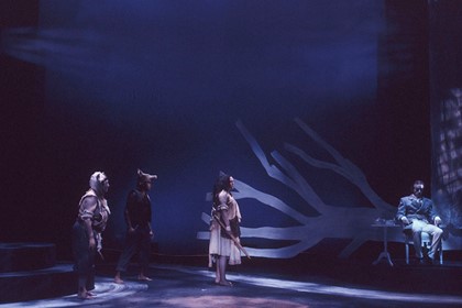 Production still for "Yanagai! Yanagai!". L-R: Lou Bennett, Bryan Andy, Lisa Maza, David Adamson. Photographer: Ponch Hawkes