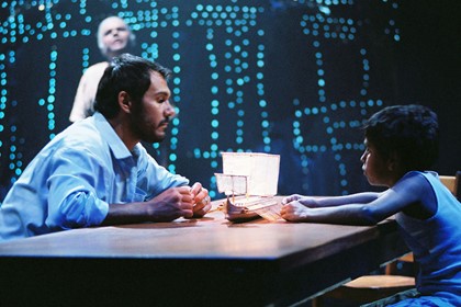 Production still for Belvoir St production of "Black Medea". L-R: Justine Saunders as the Chrous, Aaron Pederson as Jason. Photographer: Heidrun Lohr