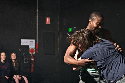 Production still for "Happiness". L to R: Terry Yeboah, Todd Macdonald. Photographer: Belinda Strodder