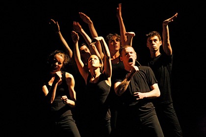 Production still for "Human Interest Story". L-R: Stephanie Lake, Harriet Ritchie (back), Jessica Wong, Talitha Maslin, Alisdair Macindoe, Stuart Shugg. Photographer: Jeff Busby