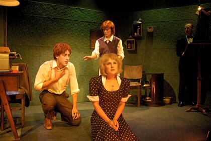 Production still for "The Black Swan of Trespass". L-R: Christopher Brown, Jaclyn Bassanelli (kneeling), Katie Keady, Gavan O'Leary. Photographer: Brett Boardman