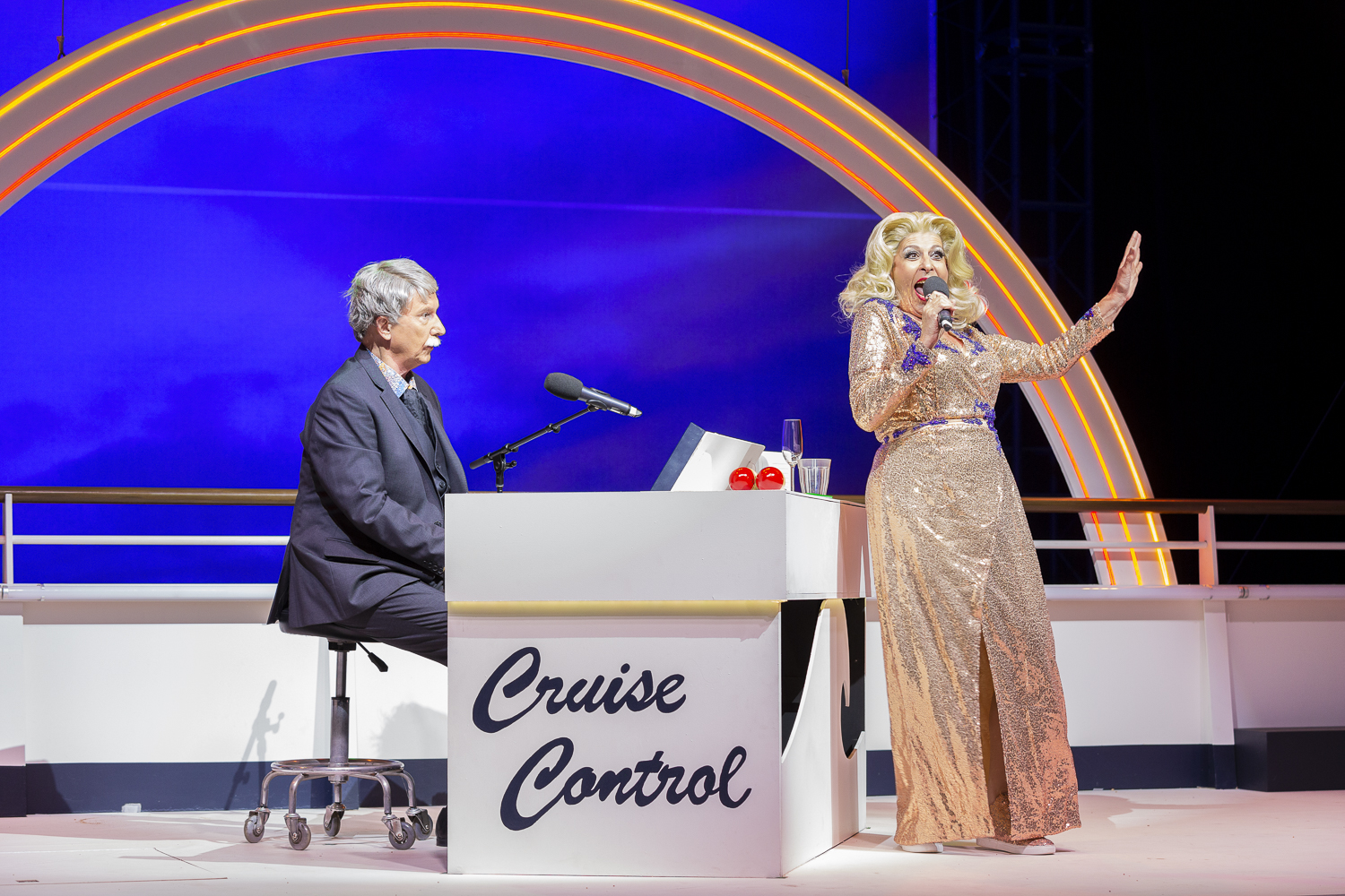 Production still for the 2021 Season of 'S.S. Metaphor'. L-R: Will Conyers, Natalie Gamsu. Photographer: Pia Johnson