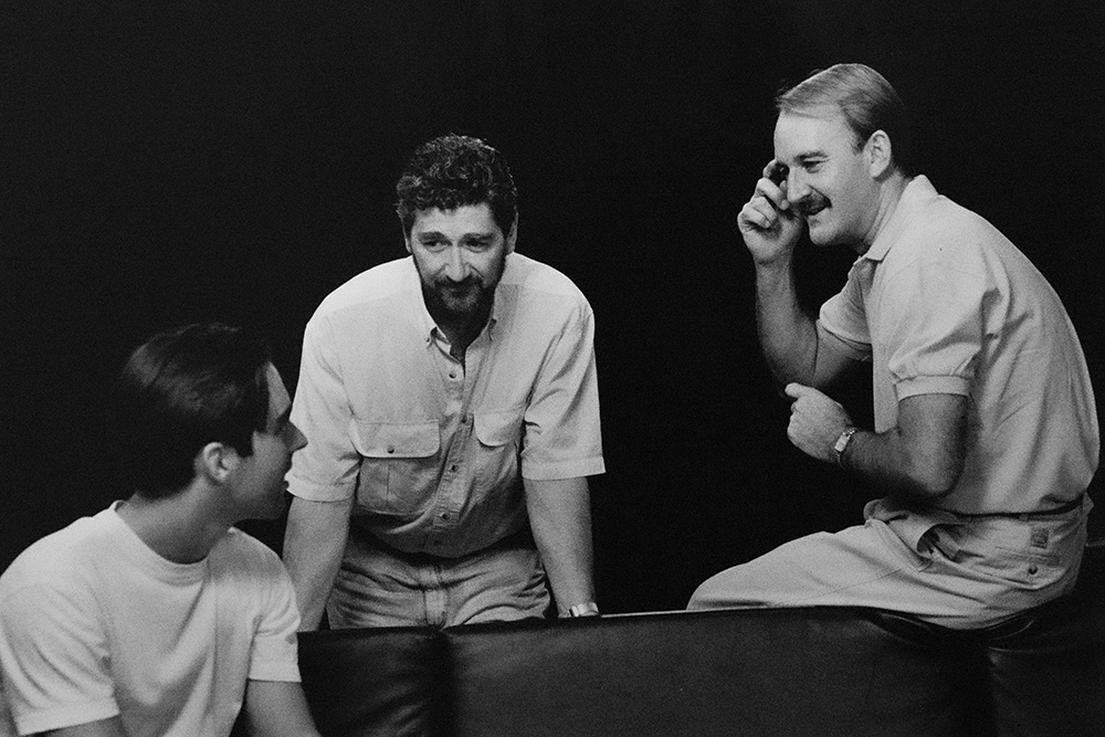 Publicity still for tour of "Sanctuary". L-R: Felix Williamson, Aubrey Mellor (Director), William Gluth. Photographer: Jeff Busby
