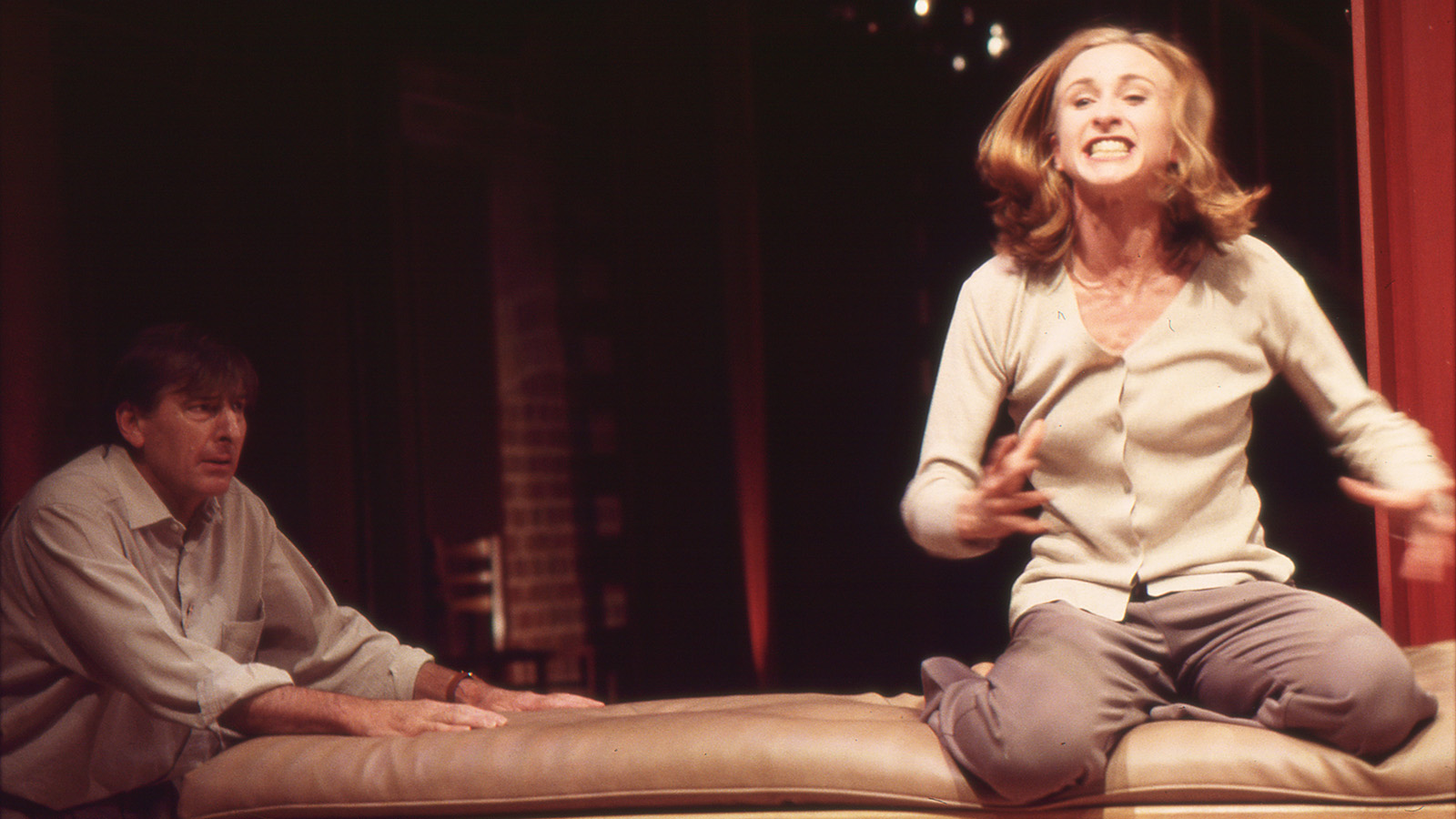 Production still for "Honour". L-R: John Gregg as Gus, Natasha Herbert as Claudia. Photographer: Jeff Busby