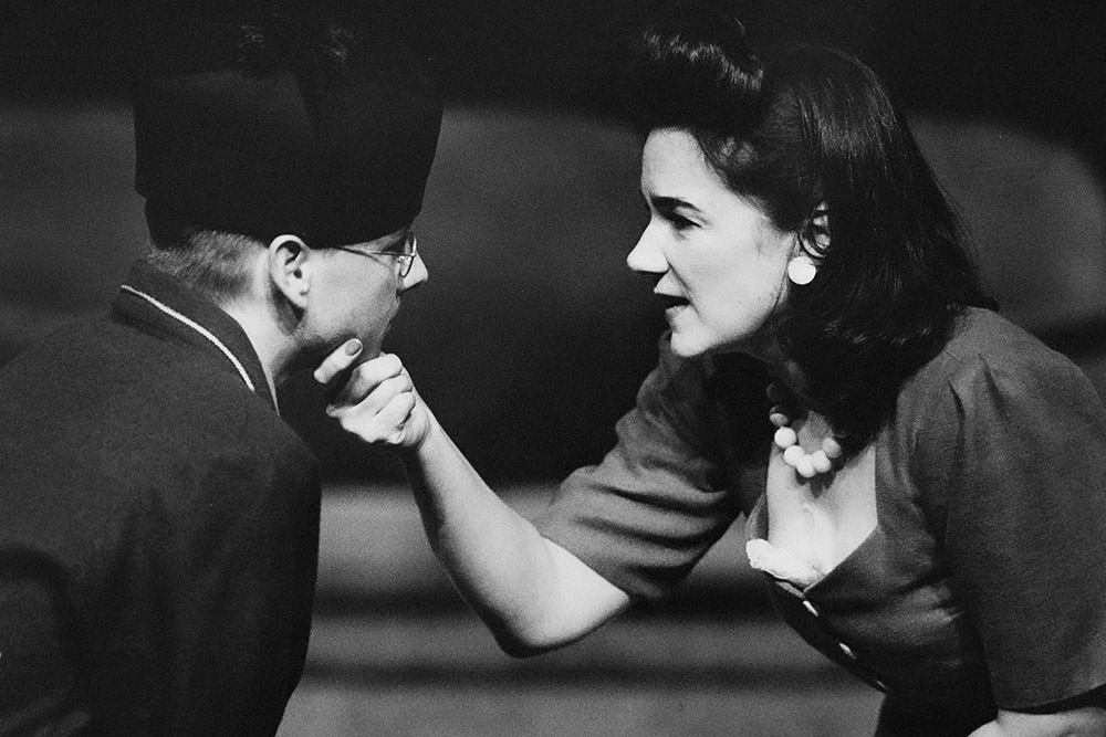 Production still for "A Happy and Holy Occasion". L-R: James McKenna as Christy O'Mahon, Janet Andrewartha as Brenda Mulcahey. Photographer: Jeff Busby
