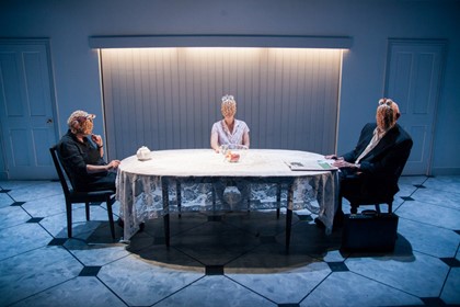 Production still for "Meta". L to R: Liz Jones, Mary Helen Sassman, and John Flaus. Photographer: Pierre Carthew