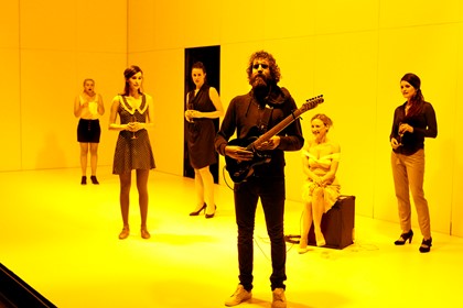 Production still for "Baal". L-R: Brigid Gallacher, Geraldine Hakewill, Katherine Tonkin, Thomas M. Wright, Lotte St Clair, Luisa Hastings Edge. Photographer: Jeff Busby