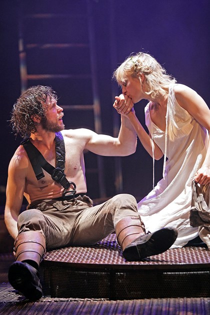 Production still for "The Odyssey". L-R: Stephen Phillips, Rita Kalnejais. Photographer: Jeff Busby