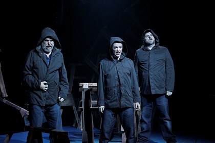Production still for "The Riders". L-R: Jerzy Kozlowski, Dimity Shepherd, David Rogers-Smith. Photographer: Jeff Busby