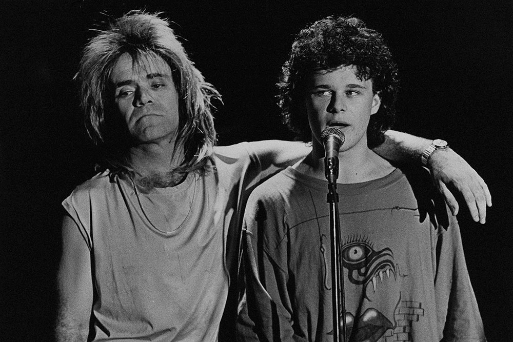 Production still for "Riff Raff: the Re-mix". L-R: Phil Sumner as Spinner, Justin Connor as Mick. Photographer: Jeff Busby