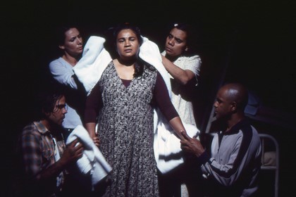 Production still for "Stolen" (1998). L-R: Stan Yarramunua as Sandy, Tammy Anderson as Anne, Pauline Whyman as Shirley, Kylie Belling as Ruby, Tony Briggs as Jimmy. Photographer: Unknown