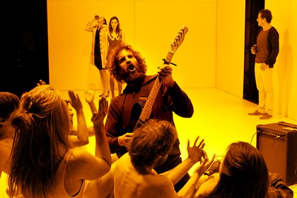 Production still for "Baal". L-R: (rear) Katherine Tonkin, Geraldine Hakewill, Chris Ryan; Thomas M Wright (centre). Photographer: Jeff Busby