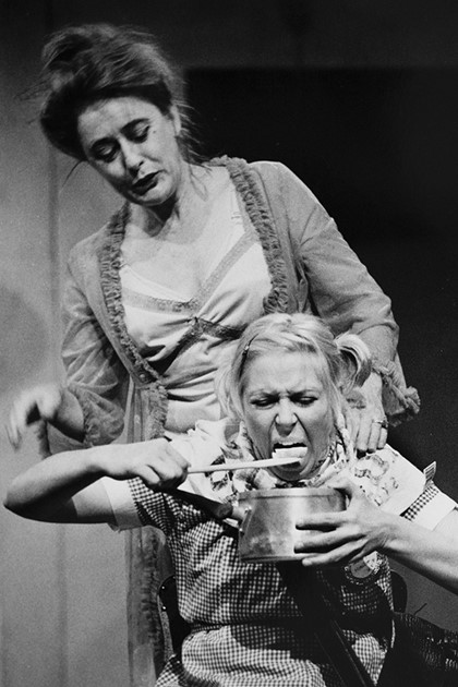 Production still from the 2001 production of "Svetlana in Slingbacks". L-R: Margaret Cameron as Ludmilla, Miria Kostiuk as Svetlana. Photographer: Rachelle Roberts