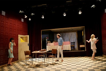 Production still for "Furious Mattress". L-R: Rita Kalnejais as Anna, Robert Menzies as Pierce, Kate Kendall as Else. Photographer: Jeff Busby