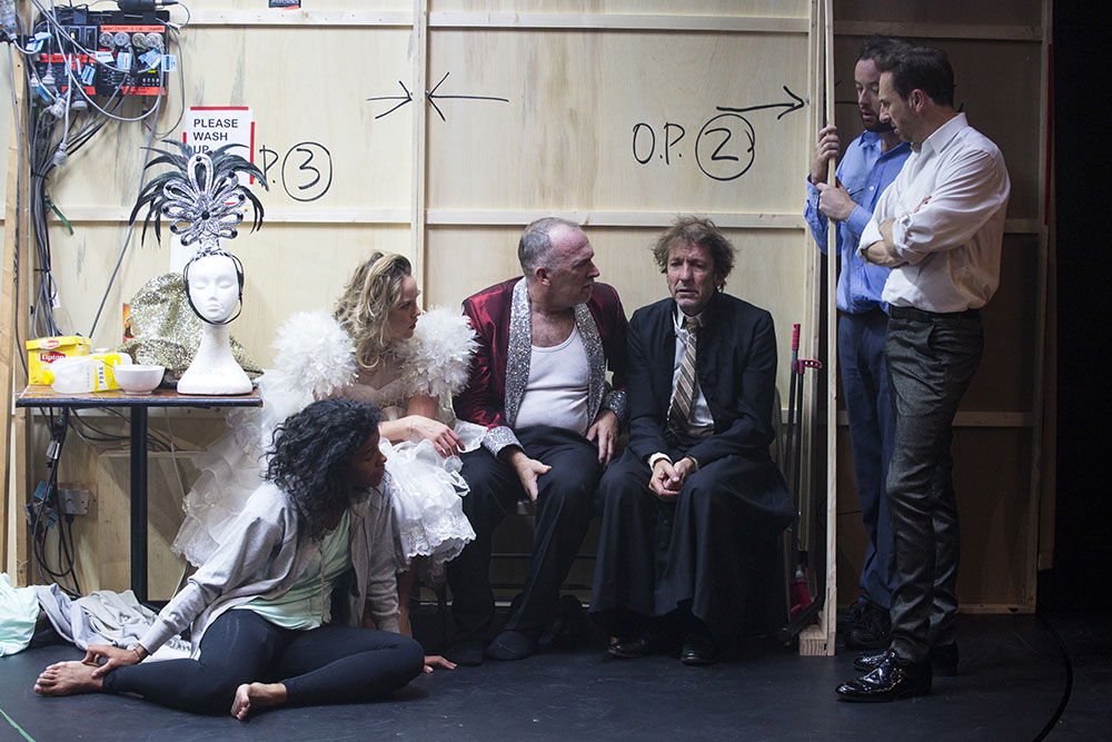 Production still for "The Government Inspector". L-R: Zahra Newman, Eryn-Jean Norvill, Greg Stone, Robert Menzies, Gareth Davies, Mitchell Butel. Photographer: Pia Johnson