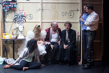 Production still for "The Government Inspector". L-R: Zahra Newman, Eryn-Jean Norvill, Greg Stone, Robert Menzies, Gareth Davies, Mitchell Butel. Photographer: Pia Johnson