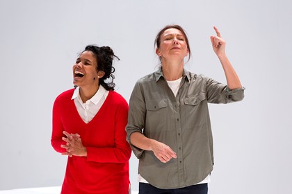 Production still for "Love and Information". L-R: Zahra Newman, Anita Hegh. Photographer: Pia Johnson