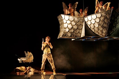 Production still for "Woyzeck". L-R: Socratis Otto, Tim Rogers, Hamish Michael, Dan Witton, Mitchell Butel, Merfyn Owen. Photographer: Jeff Busby