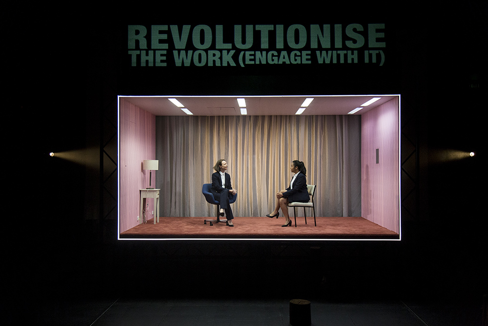 Production still for "Revolt. She Said. Revolt Again." L-R; Belinda McClory, Elizabeth Esguerra. Photographer: Pia Johnson