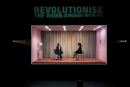 Production still for "Revolt. She Said. Revolt Again." L-R; Belinda McClory, Elizabeth Esguerra. Photographer: Pia Johnson