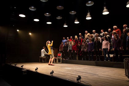 Production still for "The Events". L-R (front): Luke Byrne (pianist), Catherine McClements as Claire. Photographer: Pia Johnson