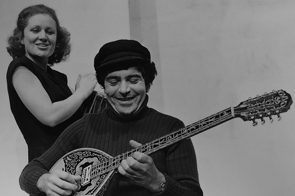 Production still for "Antigone". L-R: Nadia Tass (singer), Nikolaos Georgiou (musician). Photographer: Jeff Busby