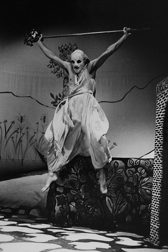 Production still for "The Bacchae". Warwick Comber as Dionysus. Photographer: Jeff Busby