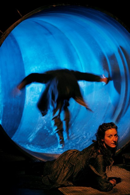 Production still for "Knives in Hens". L-R: Robert Menzies as Pony William, Kate Box as the Young Woman. Photographer: Jeff Busby