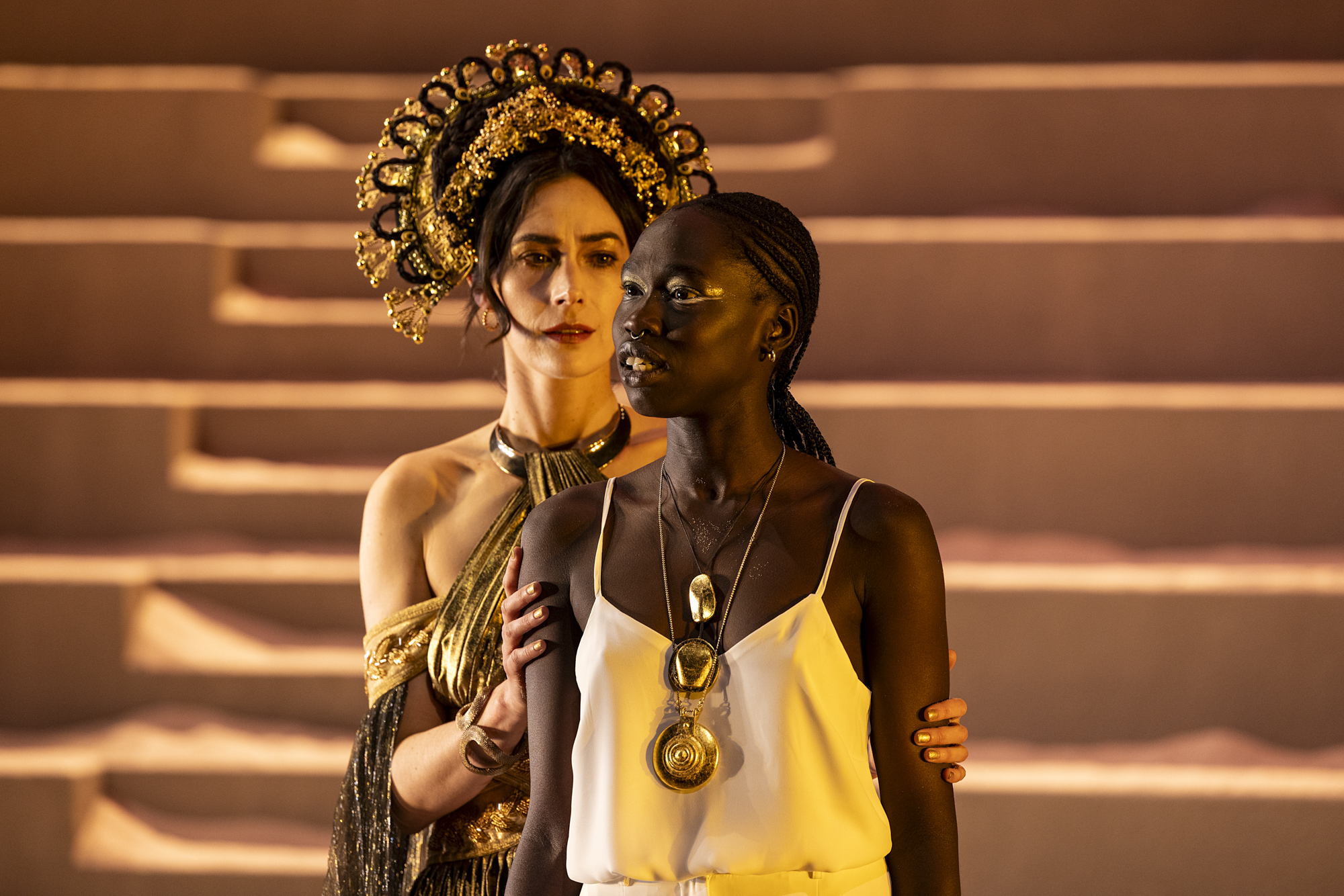 Production photography from TROY (2025) / Photographer: Pia Johnson / Featuring: Ciline Ajobong & Geraldine Hakewill