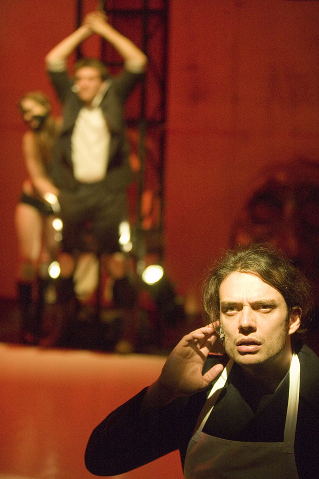 Production still for the Sydney production of "Now that Communism is Dead My Life Feels Empty". L-R: Rebecca Smee, Gibson Nolte, Ben Winspear. Photographer: Brett Boardman