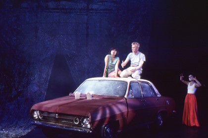 Production still from "Love Suicides". L-R: Asako Izawa as Ohatsu, Simon Wilton as Paris, Yumi Umiumare. Photographer: Unknown
