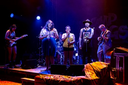 Production still for "Barbara and the Camp Dogs". L-R: Sorcha Albuquerque, Elaine Crombie, Michelle Vincent, Ursula Yovich, Troy Jungaji Brady, Jessica Dunn. Photographer: Pia Johnson