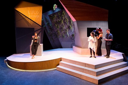 Production still from the STC season of "Going Down". L-R: Catherine Davies, Jenny Wu, Josh Price, Naomi Rukavina, Paul Blenheim. Photographer: Brett Boardman