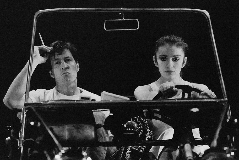 Production still for "On the North Diversion Road". L-R: David Roberts, Melita Jurisic. Photographer: Jeff Busby