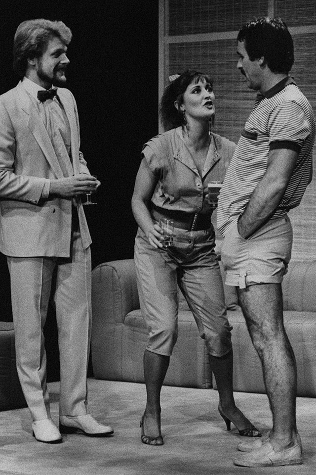 Production still for "The Butterflies of Kalimantan". L-R: John Higginson as Sebastian, Marilyn Rodgers as Sal, Roger Oakley as Pete. Photographer: Vikki Driscoll