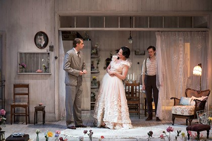 Production still for "The Glass Menagerie". L-R: Harry Greenwood as Jim O'Connor, Pamela Rabe as Amanda Wingfield, Luke Mullins as Tom Wingfield. Photographer: Pia Johnson