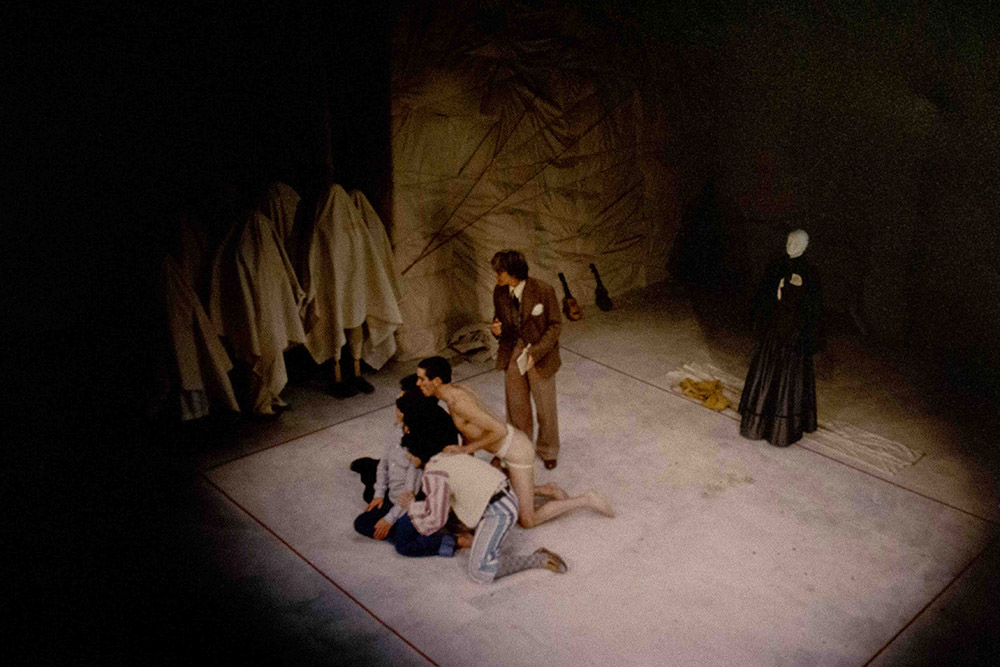 Production still for "A Whip Round for Percy Grainger". L-R: Alan Knoepfler (front), Monica Maughan, David Cameron (obscured), Tony Mack, Margaret Cameron. Photographer: Unknown