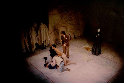 Production still for "A Whip Round for Percy Grainger". L-R: Alan Knoepfler (front), Monica Maughan, David Cameron (obscured), Tony Mack, Margaret Cameron. Photographer: Unknown